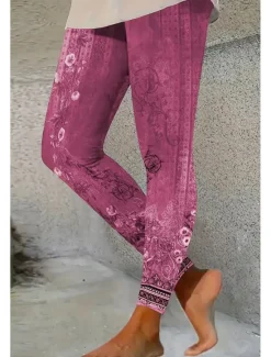 Women's Leggings Vacation Vintage Ethnic Style Ankle-Length High Waist Floral Graphic 3D Print Quick Dry Breathability Soft Stretchy Outdoor Home Causal Red Blue Green Gray Fall Slim Fit Women Leggings|Women's Sweatpants & Joggers