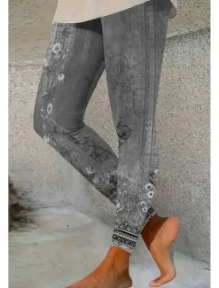 Women's Leggings Vacation Vintage Ethnic Style Ankle-Length High Waist Floral Graphic 3D Print Quick Dry Breathability Soft Stretchy Outdoor Home Causal Red Blue Green Gray Fall Slim Fit Women Leggings|Women's Sweatpants & Joggers