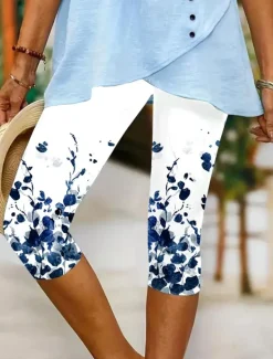 Online Women's Leggings Vacation Vintage Fashion Calf-Length High Waist Floral Graphic Leaf Printing Breathable Soft Stretchy Formal Outdoor Vacation Robin's Egg Blue White Pink Summer Spring Slim Fit Women Leggings