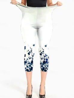 Online Women's Leggings Vacation Vintage Fashion Calf-Length High Waist Floral Graphic Leaf Printing Breathable Soft Stretchy Formal Outdoor Vacation Robin's Egg Blue White Pink Summer Spring Slim Fit Women Leggings
