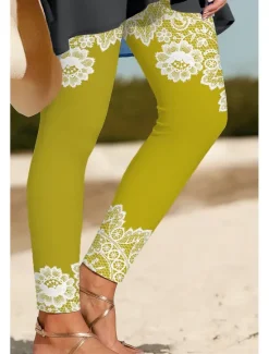 Clearance Women's Leggings Vacation Vintage Ethnic Style Ankle-Length High Waist Graphic 3D Print Quick Dry Breathability Soft Stretchy Outdoor Home Causal Yellow Blue Sky Blue Spring Fall Regular Fit Women Pants|Women's Sweatpants & Joggers