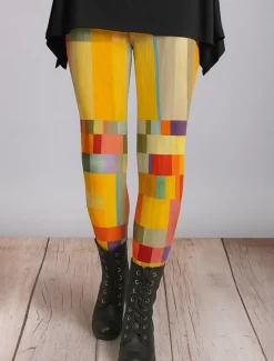 Clearance Women's Leggings Vacation Vintage Ethnic Style Ankle-Length High Waist Graphic Plaid Checkered Abstract 3D Print Quick Dry Breathability Soft Stretchy Outdoor Home Causal Yellow Red Gray Fall Regular Women Women's Sweatpants & Joggers|Leggings