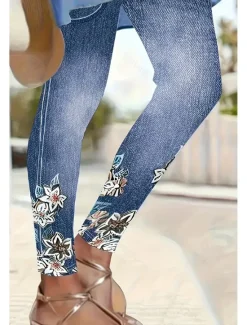 Sale Women's Leggings Vacation Vintage Ethnic Style Ankle-Length High Waist Floral Graphic 3D Print Quick Dry Breathability Soft Stretchy Outdoor Home Causal White Navy Blue Blue Spring Fall Slim Fit Women Leggings|Women's Sweatpants & Joggers