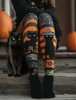 Hot Women's Leggings Vacation Vintage Fashion Full Length High WaistPantsHalloween Graphic Skull Cat Printing Soft Breathable Stretchy Outdoor Vacation Street Dark-Gray Light Grey Orange Summer Spring Women Leggings