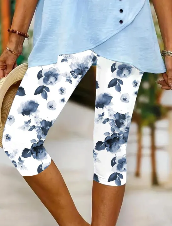 Hot Women's Leggings Vacation Vintage Fashion Calf-Length High Waist Floral Graphic Leaf Printing Breathable Soft Stretchy Formal Outdoor Vacation Robin's Egg Blue Pink Summer Spring Slim Fit Women Leggings