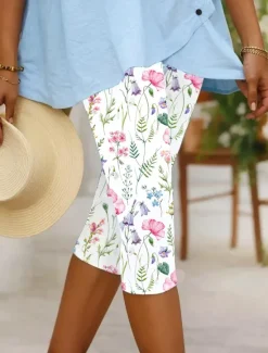 Hot Women's Leggings Vacation Vintage Fashion Calf-Length High Waist Floral Graphic Leaf Printing Breathable Soft Stretchy Formal Outdoor Vacation Robin's Egg Blue Pink Summer Spring Slim Fit Women Leggings