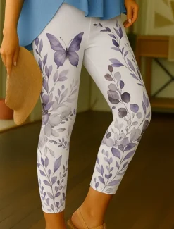 Discount Women's Leggings Vacation Vintage Ethnic Style Ankle-Length High Waist Floral Graphic Leaf 3D Print Quick Dry Breathability Soft Stretchy Outdoor Home Causal Blue Purple Green Spring Fall Slim Fit Women Leggings|Women's Sweatpants & Joggers