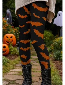 Outlet Women's Leggings Vacation Vintage Ethnic Style Ankle-Length High WaistPantsHalloween Graphic Bat 3D Print Quick Dry Breathability Soft Stretchy Outdoor Home Causal Blue Purple Orange Green Fall Women Women's Sweatpants & Joggers|Leggings