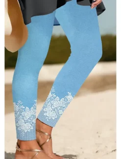 Hot Women's Leggings Vacation Vintage Ethnic Style Ankle-Length High Waist Floral Graphic 3D Print Quick Dry Breathability Soft Stretchy Outdoor Home Causal Black Navy Blue Blue Sky Blue Spring Fall Slim Women Leggings|Women's Sweatpants & Joggers