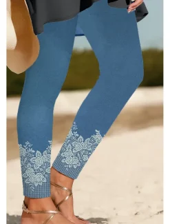 Hot Women's Leggings Vacation Vintage Ethnic Style Ankle-Length High Waist Floral Graphic 3D Print Quick Dry Breathability Soft Stretchy Outdoor Home Causal Black Navy Blue Blue Sky Blue Spring Fall Slim Women Leggings|Women's Sweatpants & Joggers