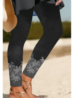 Hot Women's Leggings Vacation Vintage Ethnic Style Ankle-Length High Waist Floral Graphic 3D Print Quick Dry Breathability Soft Stretchy Outdoor Home Causal Black Navy Blue Blue Sky Blue Spring Fall Slim Women Leggings|Women's Sweatpants & Joggers