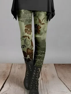 Women's Leggings Vacation Vintage Fashion Ankle-Length High Waist Floral Graphic Gradient Printing Soft Breathable Stretchy Vacation Casual Daily dark brown Deep Green Blue Grey Spring Slim Fit Women Leggings