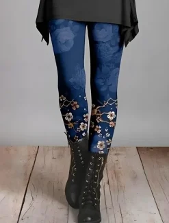 Women's Leggings Vacation Vintage Fashion Ankle-Length High Waist Floral Graphic Gradient Printing Soft Breathable Stretchy Vacation Casual Daily dark brown Deep Green Blue Grey Spring Slim Fit Women Leggings