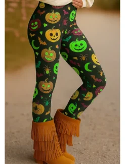 New Women's Leggings Vacation Vintage Ethnic Style Ankle-Length High WaistPantsHalloween Graphic Skull Pumpkin 3D Print Quick Dry Breathability Soft Stretchy Outdoor Home Causal Purple Orange Green Fall Women Leggings|Women's Sweatpants & Joggers