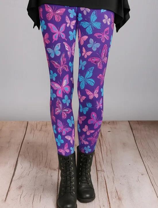 Outlet Women's Leggings Vacation Vintage Ethnic Style Ankle-Length High Waist Graphic Butterfly 3D Print Quick Dry Breathability Soft Stretchy Outdoor Home Causal Dark purple Black Purple Fall Skinny Women Leggings|Women's Sweatpants & Joggers