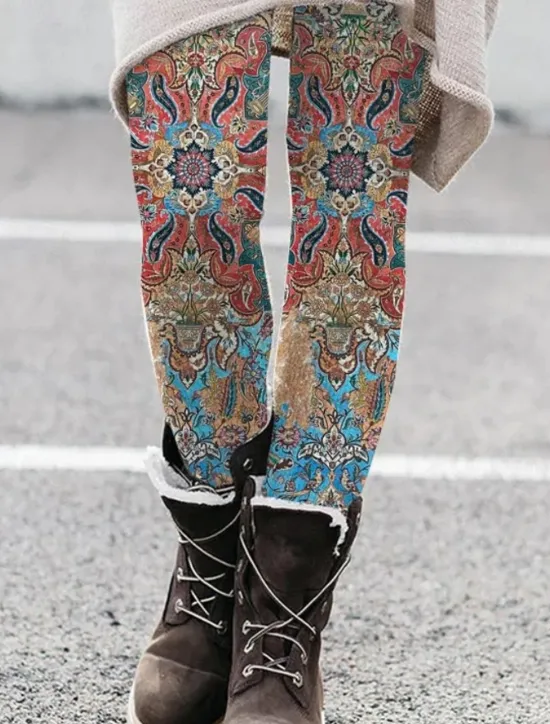 New Women's Leggings Vacation Vintage Fashion Full Length High Waist Graphic Paisley Plaid Drawstring Patchwork Printing Thermal Warm Soft Breathable Stretchy Vacation Street Causal Dark Brown Dark Women Leggings
