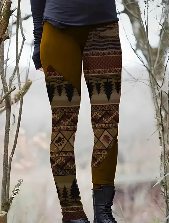 New Women's Leggings Vacation Vintage Fashion Full Length High Waist Graphic Paisley Plaid Drawstring Patchwork Printing Thermal Warm Soft Breathable Stretchy Vacation Street Causal Dark Brown Dark Women Leggings