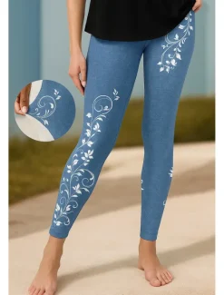 Hot Women's Leggings Vacation Vintage Ethnic Style Ankle-Length High Waist Floral Graphic 3D Print Quick Dry Breathability Soft Stretchy Outdoor Home Causal Black Navy Blue Blue Sky Blue Fall Slim Fit Women Women's Sweatpants & Joggers|Leggings