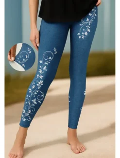 Hot Women's Leggings Vacation Vintage Ethnic Style Ankle-Length High Waist Floral Graphic 3D Print Quick Dry Breathability Soft Stretchy Outdoor Home Causal Black Navy Blue Blue Sky Blue Fall Slim Fit Women Women's Sweatpants & Joggers|Leggings