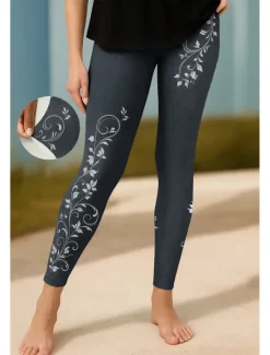 Hot Women's Leggings Vacation Vintage Ethnic Style Ankle-Length High Waist Floral Graphic 3D Print Quick Dry Breathability Soft Stretchy Outdoor Home Causal Black Navy Blue Blue Sky Blue Fall Slim Fit Women Women's Sweatpants & Joggers|Leggings