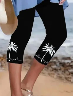 Clearance Women's Leggings Vacation Vintage Fashion Calf-Length High Waist Graphic Tropical Printing Thermal Warm Soft Breathable Stretchy Formal Outdoor Vacation Black White Blue Summer Spring Slim Fit Women Leggings
