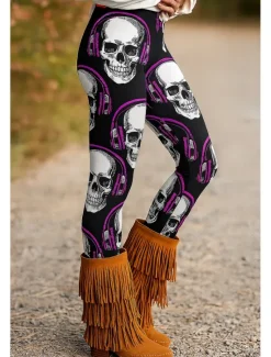Clearance Women's Leggings Vacation Vintage Ethnic Style Ankle-Length High WaistPantsHalloween Skull 3D Print Quick Dry Breathability Soft Stretchy Formal Outdoor Vacation Red Purple Orange Green Fall Regular Women Women's Sweatpants & Joggers|Leggings