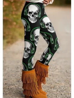 Clearance Women's Leggings Vacation Vintage Ethnic Style Ankle-Length High WaistPantsHalloween Skull 3D Print Quick Dry Breathability Soft Stretchy Formal Outdoor Vacation Red Purple Orange Green Fall Regular Women Women's Sweatpants & Joggers|Leggings