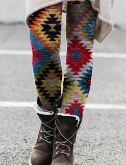 Hot Women's Leggings Vacation Vintage Fashion Full Length High Waist Graphic Abstract Printing Thermal Warm Soft Breathable Stretchy Outdoor Vacation Street Dark red Blue ash-colored Rainbow Spring Fall Women Leggings