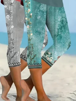 Clearance Women's Leggings Vacation Vintage Fashion Calf-Length High Waist Floral Graphic Printing Thermal Warm Breathable Soft Stretchy Outdoor Vacation Street Lake blue Robin's Egg Blue Green ash-colored Women Leggings