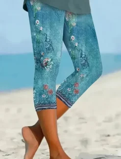 Clearance Women's Leggings Vacation Vintage Fashion Calf-Length High Waist Floral Graphic Printing Thermal Warm Breathable Soft Stretchy Outdoor Vacation Street Lake blue Robin's Egg Blue Green ash-colored Women Leggings