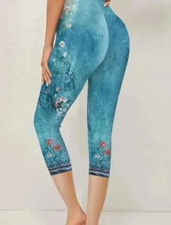 Clearance Women's Leggings Vacation Vintage Fashion Calf-Length High Waist Floral Graphic Printing Thermal Warm Breathable Soft Stretchy Outdoor Vacation Street Lake blue Robin's Egg Blue Green ash-colored Women Leggings