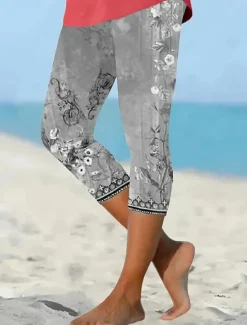 Clearance Women's Leggings Vacation Vintage Fashion Calf-Length High Waist Floral Graphic Printing Thermal Warm Breathable Soft Stretchy Outdoor Vacation Street Lake blue Robin's Egg Blue Green ash-colored Women Leggings