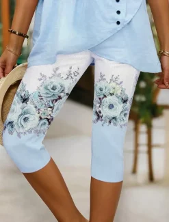 Discount Women's Leggings Vacation Vintage Fashion Calf-Length High Waist Floral Graphic Printing Breathable Soft Stretchy Outdoor Vacation Causal Light Pink White-Blue Light Purple Summer Spring Slim Fit Women Leggings
