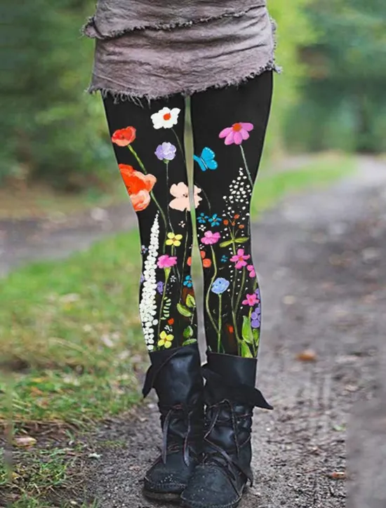 Women's Leggings Vintage Fashion Basic Ankle-Length High Waist Floral Graphic Printing Thermal Warm Soft Breathable Stretchy Vacation Casual Daily Red Blue Spring Slim Fit Women Leggings