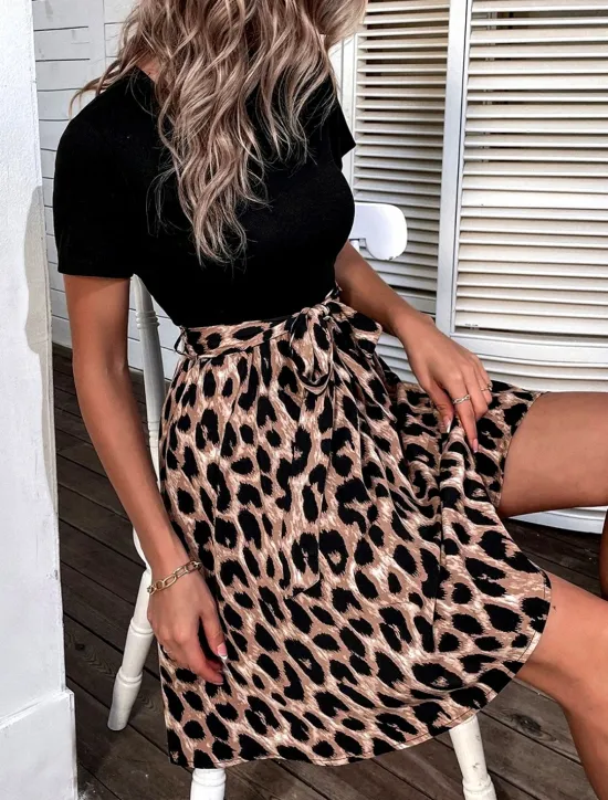 Discount Women's Tie Front Crew Neck Mini Dress Stylish Casual Daily Vacation Short Sleeve Summer Women Casual Dress