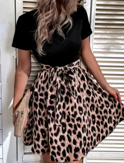 Discount Women's Tie Front Crew Neck Mini Dress Stylish Casual Daily Vacation Short Sleeve Summer Women Casual Dress