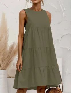 Women's Light Blue ArmyGreen Black Summer Spring Mini Dress Cotton Linen Dresses Casual Dress Tiered Dress Basic Casual Outdoor Daily Regular Fit Pure Color Crew Neck Women Dresses