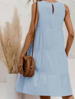 Women's Light Blue ArmyGreen Black Summer Spring Mini Dress Cotton Linen Dresses Casual Dress Tiered Dress Basic Casual Outdoor Daily Regular Fit Pure Color Crew Neck Women Dresses
