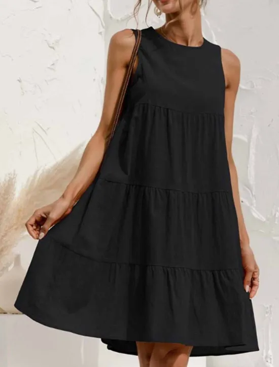Women's Light Blue ArmyGreen Black Summer Spring Mini Dress Cotton Linen Dresses Casual Dress Tiered Dress Basic Casual Outdoor Daily Regular Fit Pure Color Crew Neck Women Dresses