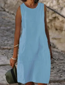 Discount Women's Light Blue Black White Summer Spring Midi Dress White Dress Cotton Linen Dresses Sundress Classic Casual Vacation Daily Loose Fit Plain U Neck Women Dresses|White Dresses