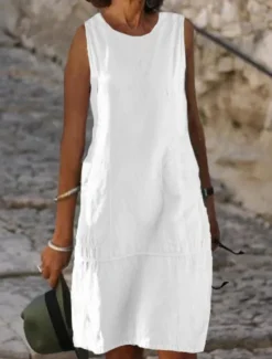 Discount Women's Light Blue Black White Summer Spring Midi Dress White Dress Cotton Linen Dresses Sundress Classic Casual Vacation Daily Loose Fit Plain U Neck Women Dresses|White Dresses