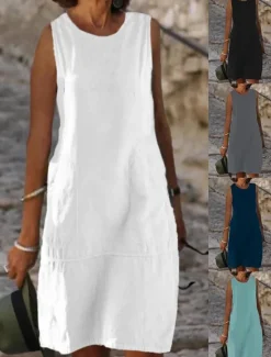 Discount Women's Light Blue Black White Summer Spring Midi Dress White Dress Cotton Linen Dresses Sundress Classic Casual Vacation Daily Loose Fit Plain U Neck Women Dresses|White Dresses