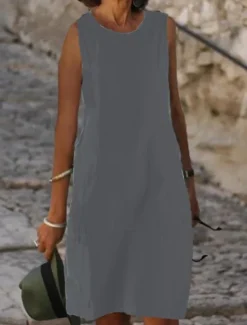 Discount Women's Light Blue Black White Summer Spring Midi Dress White Dress Cotton Linen Dresses Sundress Classic Casual Vacation Daily Loose Fit Plain U Neck Women Dresses|White Dresses