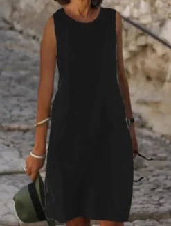 Discount Women's Light Blue Black White Summer Spring Midi Dress White Dress Cotton Linen Dresses Sundress Classic Casual Vacation Daily Loose Fit Plain U Neck Women Dresses|White Dresses