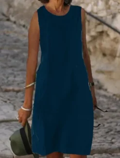 Discount Women's Light Blue Black White Summer Spring Midi Dress White Dress Cotton Linen Dresses Sundress Classic Casual Vacation Daily Loose Fit Plain U Neck Women Dresses|White Dresses