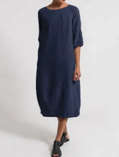 Online Women's Light Blue Black Yellow Summer Spring Midi Dress Linen-Inspired Dresses Casual Dress Basic Modern Daily Weekend Regular Fit Plain Crew Neck Women Dresses