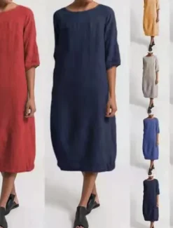 Online Women's Light Blue Black Yellow Summer Spring Midi Dress Linen-Inspired Dresses Casual Dress Basic Modern Daily Weekend Regular Fit Plain Crew Neck Women Dresses