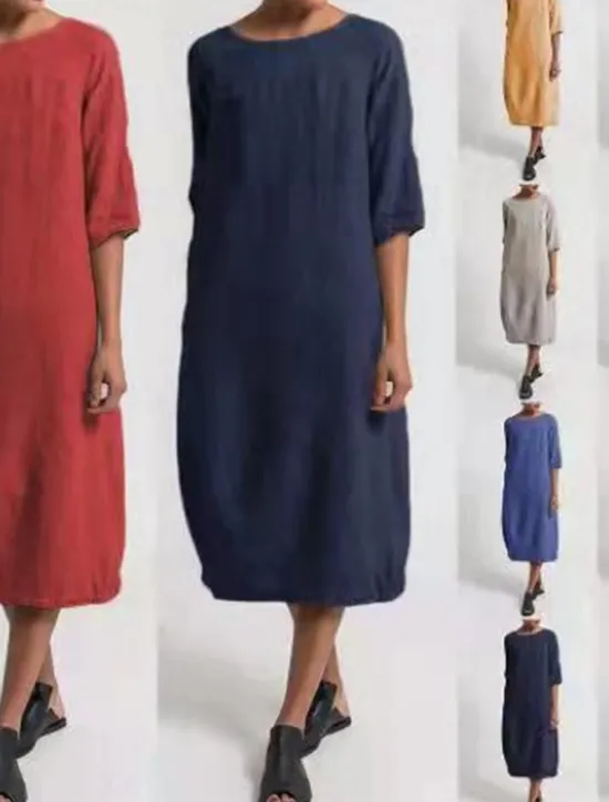 Online Women's Light Blue Black Yellow Summer Spring Midi Dress Linen-Inspired Dresses Casual Dress Basic Modern Daily Weekend Regular Fit Plain Crew Neck Women Dresses