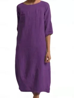 Online Women's Light Blue Black Yellow Summer Spring Midi Dress Linen-Inspired Dresses Casual Dress Basic Modern Daily Weekend Regular Fit Plain Crew Neck Women Dresses