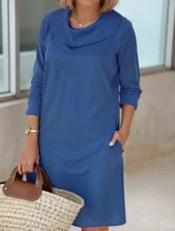 Online Women's Light Blue White Wine Summer Spring Fall Midi Dress Cotton Linen Dresses Casual Dress Cotton Summer Dress Basic Classic Casual Outdoor Vacation Daily Loose Fit Plain Cowl Neck Women Dresses